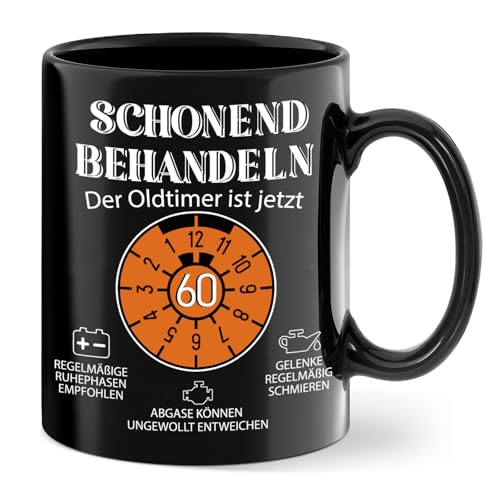 Tasse 60. Geburtstag Geschenke - Tasse schonend behandeln der Oldtimer ist jetzt 60 - Lustig Kaffeetasse Geburtstagsgeschenk für Männer Papa Opa Kollege zum Geburtstag, Schwarz, Keramik 350 ml Tasse 60. Geburtstag Geschenke - Tasse schonend behandeln der Oldtimer ist jetzt 60 - Lustig Kaffeetasse Geburtstagsgeschenk für Männer Papa Opa Kollege zum Geburtstag, Schwarz, Keramik 350 ml