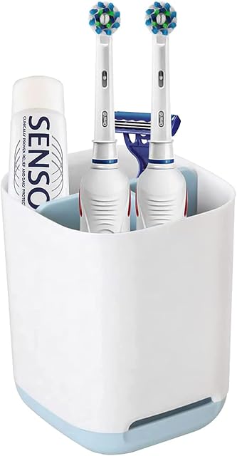 Monkey Home Toothbrush Caddy Easy Clean and Store Bathroom Storage Electric Toothbrush Holder with Drainage Hole and Non-Slip Bottom for Toothpaste/Makeup Brush/Razor/Comb and More (S, Blue/White)