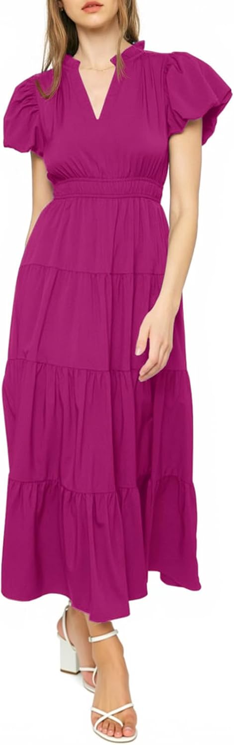 Wenrine Womens Summer Midi Dress Puff Short Sleeve V Neck Flowy Tiered Beach A-Line Dresses - Image 2