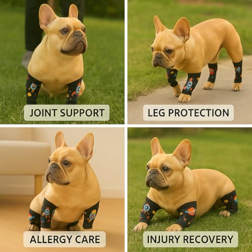Image of Petwarm Dog Recovery Leg Sleeves 4pcs Set Rocket Print - Breathable Anti-Lick Dog Leg Sleeves, Surgery Recovery Wraps for Joint Support, 4-Pack for Small Dogs, Black Gold, S