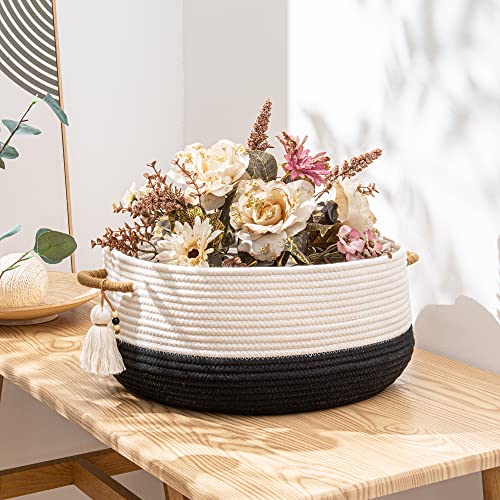 KAKAMAY Woven Baskets for Storage(16\"x8\"),Blanket Basket for Organizing Living Room,Cotton Rope Basket Woven Baby Laundry Hamper,Collapsible Laundry Room Organization,Clothes,Toy Chest(Black) - Thumbnail 7