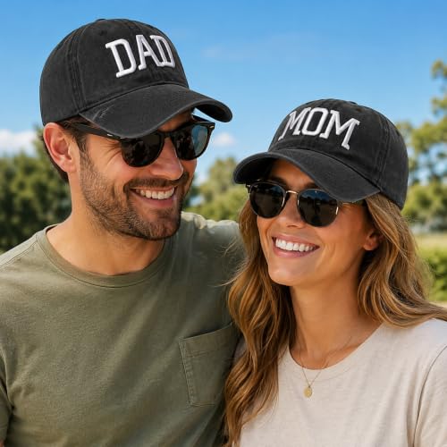 Image of Mom Dad Embroidered Baseball Caps Set of 2 Adjustable Couples Cotton Hats | Soft cotton matching caps with premium embroidery and adjustable fit, perfect for couples, parents, family photos and gifts.