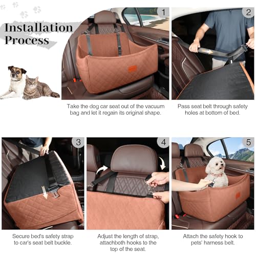 Wooaidagg Dog Car Seat for Large Size Dog Up to 55lbs,Easy to Install Car Dog Bed with Super Soft Fabic and Filling in Memory Foam,Fully Detachable and Washable Pet Car Seat(Brown,Large)