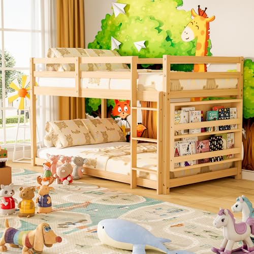 TOLEAD Low Bunk Bed Twin Over Twin, Floor Bunk Bed with Bookshelf&Ladder, Twin Bunk Bed with Full...
