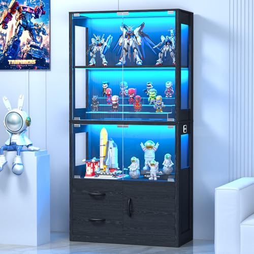 Display Cabinet with Glass Doors, 4-Tier Curio with 3-Color Lights & Human Body Sensor, Storage Cabinet with 3 Shelves & 2 Drawers for Living/Dining/Game Room, Black Oak