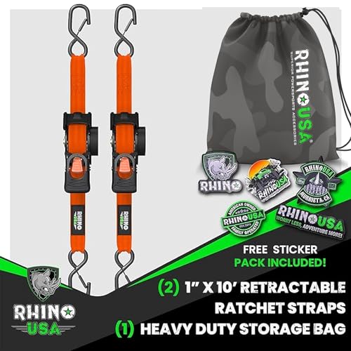 Image of Rhino USA Retractable Ratchet Straps (2-Pack) - 1 Inch x 10 Feet (1,209lb Break Strength) - Auto Self Retracting Tie Down Straps for Truck, Cargo Trailer, Motorcycle, ATV, UTV - Orange