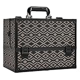 Joligrace Makeup Train Case Large 6 Tray Professional Organizer Box - Cosmetic Make Up Carrier with Lock & Key Carrying Strap for Studio Artist & Stylist Black- Grid Style