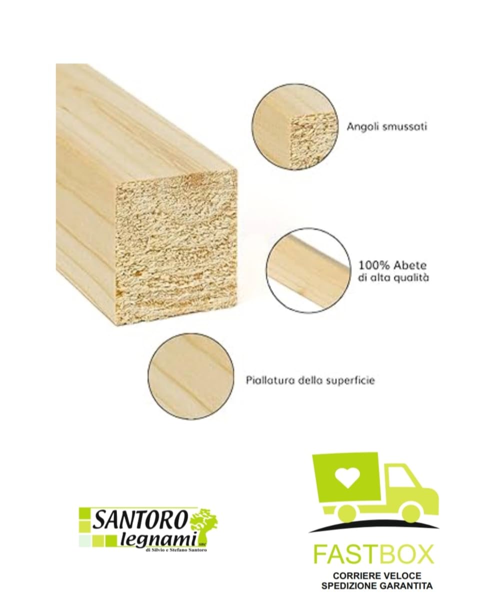 listelli legno massello abete 40x40 x 3 metri piallati su quattro lati con smusso su spigoli Made in Italy confezione da 4 pz