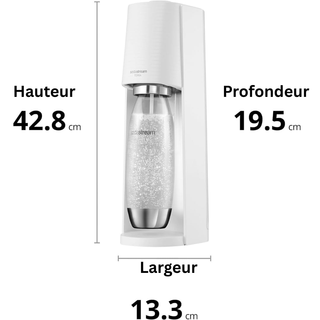 Sodastream Terra Machine à Eau Pétillante et Soda | Pack 1 Bouteille 1L Finition Acier Inoxydable Compatible Lave-Vaisselle + 1 Recharge de Gaz 60L à Clipser | Blanche