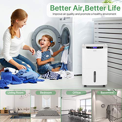 Waykar 40 Pint Dehumidifier for Home Basements Bedroom with Drain Hose and Intelligent Humidity Control, Continuously Removes 5 Gallons of Moisture/Day in Spaces up to 2000 Sq. Ft,New Version