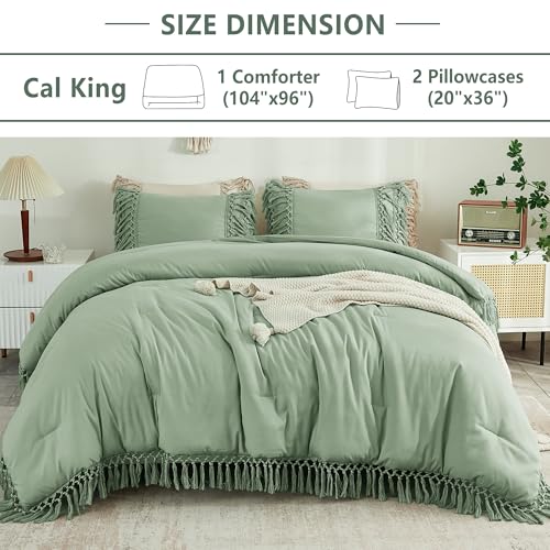 Image of Andency Sage Green Comforter Set California King, 3 Pieces Boho Tassel Lightweight Soft Bedding Comforter Sets for King Bed, All Season Fluffy Fringe Bed Set (104x96In Comforter & 2 Pillowcases)