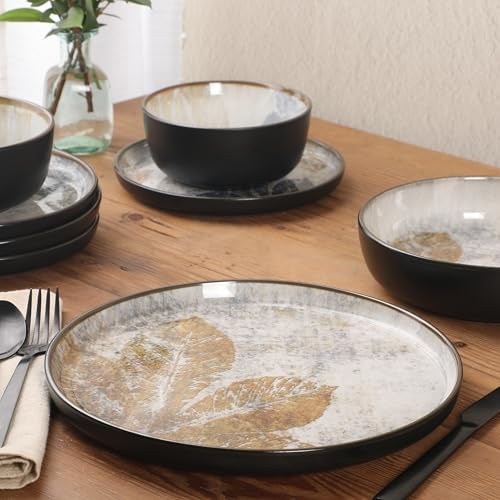 Image of Gibson Elite Chantilly Hill 16-Piece Porcelain Dinnerware Set, Round Plates & Bowls, Multicolor Leaf Design, Microwave & Dishwasher Safe, Service for 4