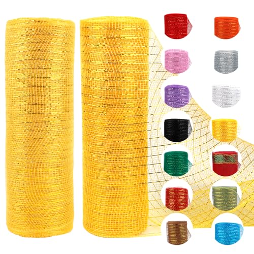 2 Rolls Gold Mesh Ribbon Decor Mesh Fabric with Foil 10 inch x 30 feet(10Yard) Each Roll Christmas Ribbon for Wreath Swags Valentines and Christmas Tree Decoration Wedding Party Supplies