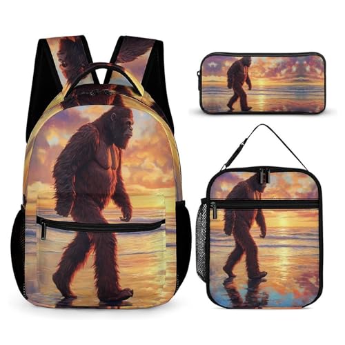 Bigfoot Walking in Beach Sunset Funny Backpack Sets Lightweight 3Pcs Daypack Set with Lunch Box And Pencil Case for Women Men