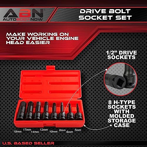 ABN 1/2 Inch Drive Engine Head Bolt Socket Set - 8 Piece H Type Metric Mechanic Tool Set