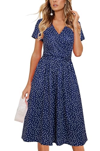 Image of OUGES Casual Summer Dress for Women Wrap V Neck A Line Midi Dresses with Pockets