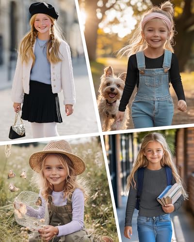 Image of 4 Pack Girls Long Sleeve Shirts Ribbed Knit Cotton Crewneck Tops Slim Fit Soft Casual Kids Base Layer Undershirts