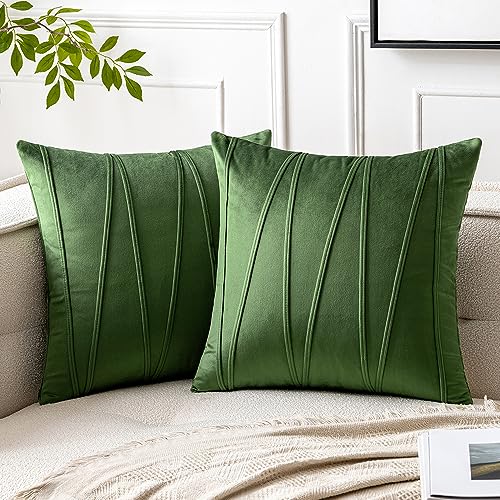Woaboy Pack of 2 Striped Velvet Throw Pillow Covers Moss Green Mo...