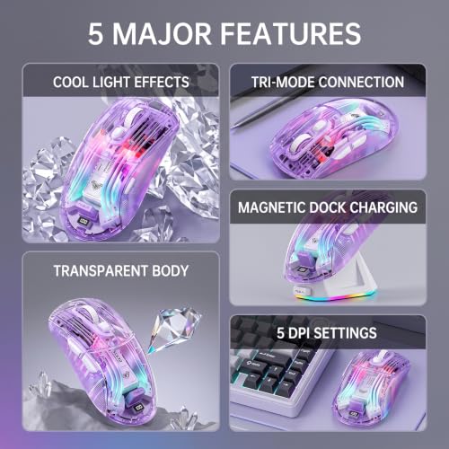 Image of RGB Magnetic Charging Dock Gaming Mouse, 12K DPI, PAW3311 Sensor, Tri-Mode Wireless, 6 Programmable Buttons, Ultra-Light 72g for PC /Mac (Purple- Transparent)