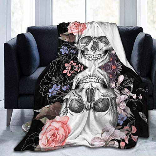 my cat Manta Art Rose 2 Calaveras Manta de Lana Negra aterradora Manta Plegable de Tiro Sofá Lavable Manta de sofá Manta de Felpa Reversible Manta de Playa