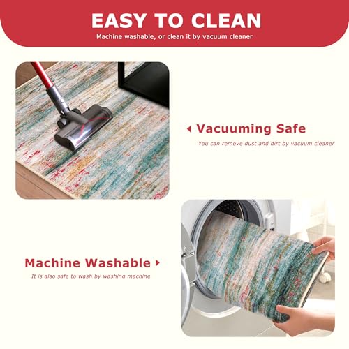 KOZYFLY Modern Abstract Small Area Rugs, 2x3 Washable Kitchen Rug Non-Slip Soft Small Bathroom Rug, Green Striped Entryway Rugs Abstract Print Faux Wool Doormat for Bedside Entrance Bedroom Sink