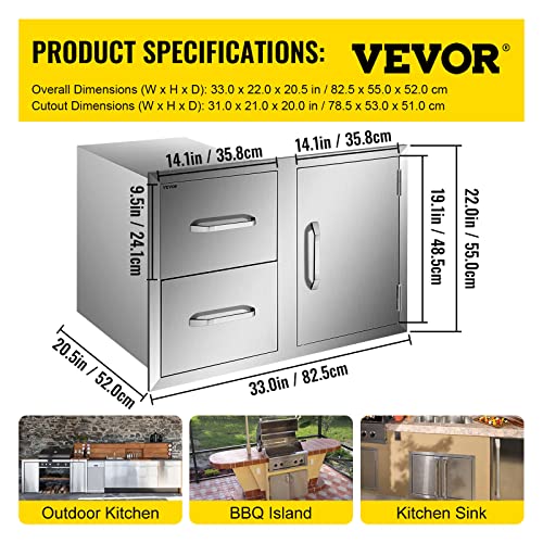 Image of VEVOR Outdoor Kitchen Door Drawer Combo, 32.5 inch W x 21.6 inch H x 20.5 inch D, Access Door /Double Drawers with Paper Towel Rack, Stainless Steel Handles for BBQ Islands