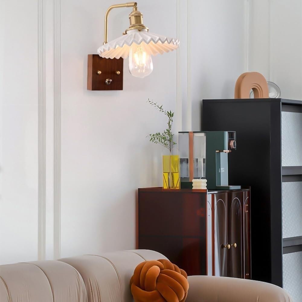 Nowoczesny mosiężny kinkiet ceramiczny klosz lampa ścienna z przełącznikiem nordycki retro drewno orzech kinkiety do sypialni przy łóżku salonu gabinetu E26/E27 gniazda