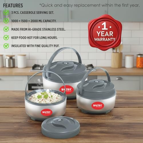 Image of BALTRA Inner Stainless Steel Casserole Set with Lid for Roti /Chapati (1000ml, 1500ml, 2000ml) | Insulated Hot Pot for Hot Meal /Chapati /Curry Set /Biryani | Serving Bowl with Lid (Cherish Set of 3)