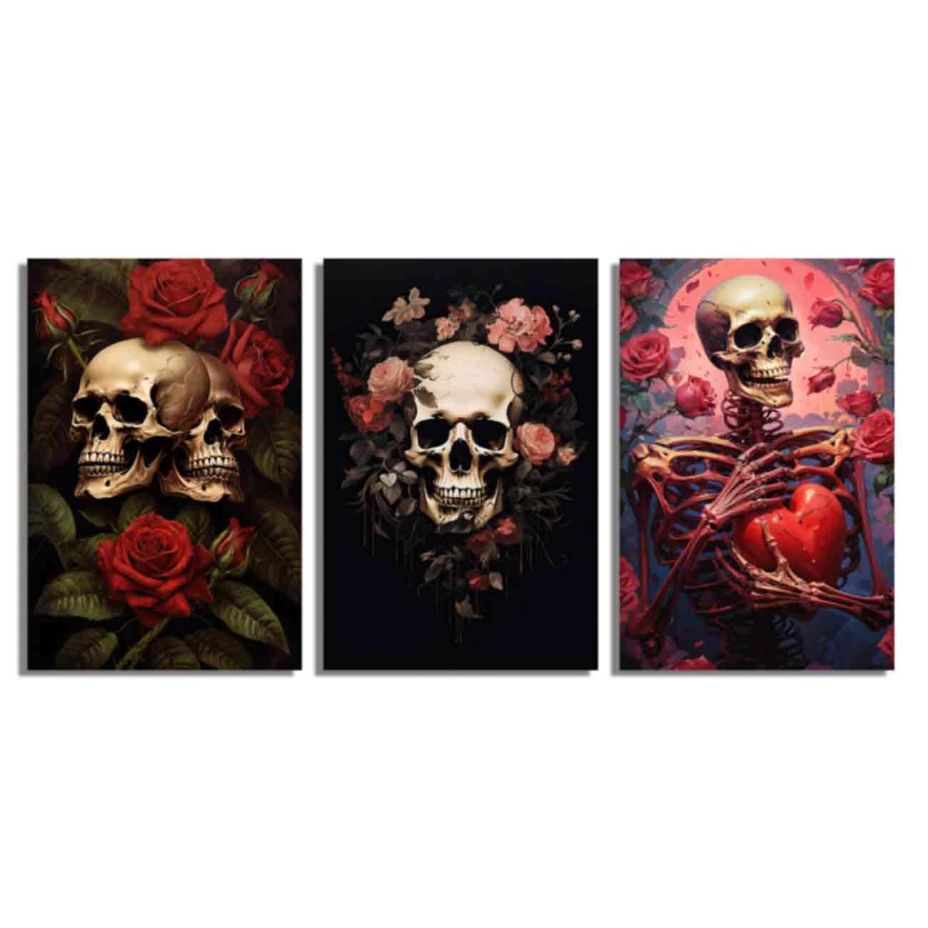 ZQQART Gold Skull Canvas Prints Wall Art 3 Pieces Black Gold Pink Skull Butterfly Flower Picture Abstract Gothic Theme Halloween Wall Decor (Pink,12.00"x16.00"x3)