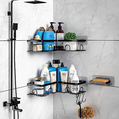 Jofunbeau Corner Shower Shelf, 3 Pack Adhesive Shower Caddy With Soap Holder&2 Hooks&Hairdryer Shelf,Rustproof Shower Shelves Storage Organizer Rack For Inside Shower Bathroom Kitchen(Matte Black) #TOP2