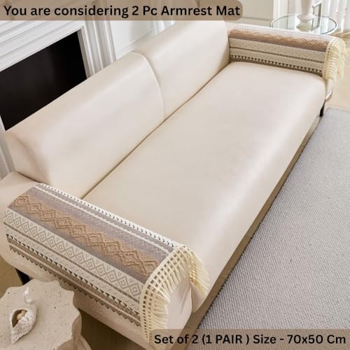 Image of HOMETHREADS Innovative European Premium Style Anti Slip Cotton Sofa Cover Mat with PVC Backing for Non-Slip Comfort (Khaki, 2Pc Armrest Mat | 70x50cm)
