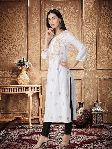 Image of Seva Chikan Hand Embroidered Lucknowi Chikankari Regular Straight Cotton Kurta Kurti for Women SCL4243