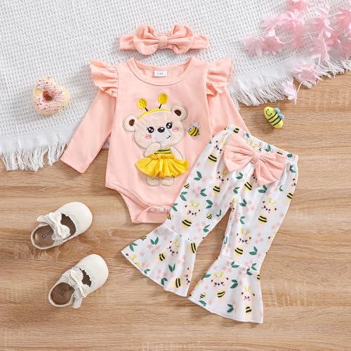 Newborn Infant Baby Girl Outfits Ruffle Bear Long Sleeve Romper Bodysuit Tops Flared Pants Set Bell Bottom Clothes2