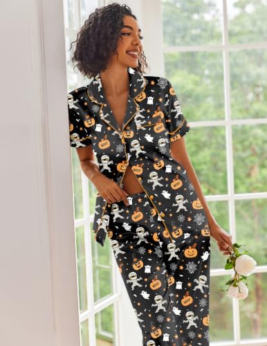 Image of Ekouaer 2 Piece Satin Short Sleeve Pajamas Set Button Down Sleepwear
