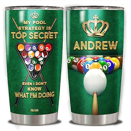 WAZONE Personalized Billiards Tumbler With Lid Custom Name Travel Coffee Mug 20oz 30oz Stainless Steel Insulated Cup Novelty Funny Saying Sports Themed Gift For Billiard Lovers Men Husband