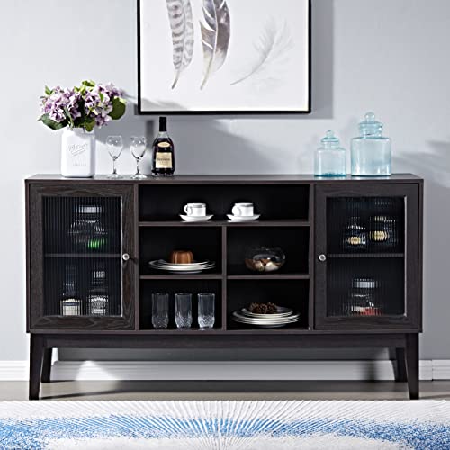 Mixcept Wood 60” Sideboard Buffet Table Storage Cabinet Console Table With 2 Doors And Adjustable Shelves, Cupboard Kitchen Sideboard For Kitchen Dining Room, Espresso #TOP13