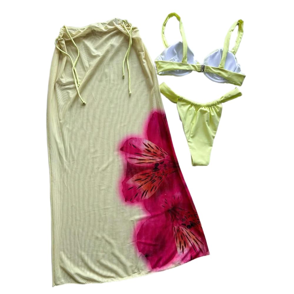 Materiałowy komplet bikini | Żółty strój kąpielowy bikini S/M/L w kwiaty