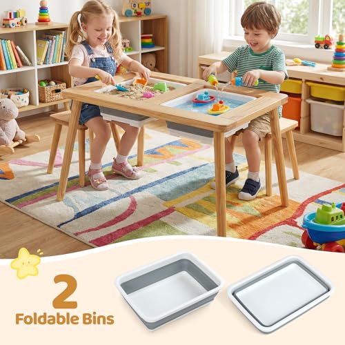 Image of Costzon Toddler Sensory Table and Chairs, Wooden Table and Chair Set w /Double-Sided Boards & 2 Foldable Storage Bins, All-in-One Kids Activity Table for Drawing, Sand and Water Play (3 PCS,Natural)