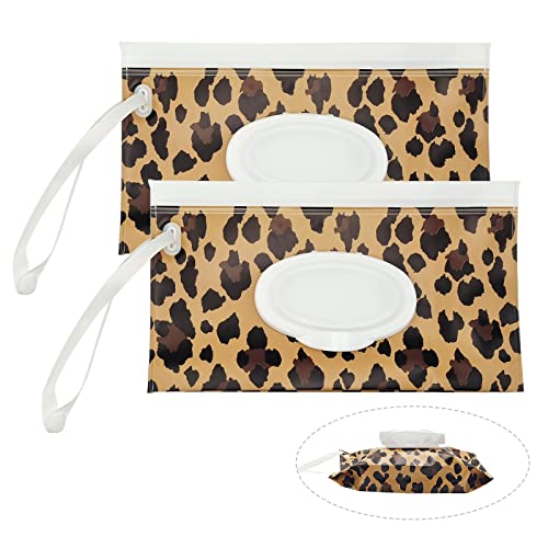 2 Pack Portable Baby Wipes Dispenser Holder Set, Leopard Print Refillable Baby Wipes Container, Wipe Holder, Reusable Travel Wet Wipe Pouch for Diaper Bag Lightweight Travel Wipes Dispenser Cases