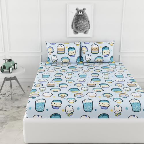 Image of LORETO - A QUALITY LINEN BRAND 144 TC 100% Pure Cotton King Size Fitted Bedsheet with 2 Pillow Covers for 72 x 72 Inch Mattress, All-Around Elastic, 8 Inch Deep Pocket, Kawaii Pastel Sky Drinks