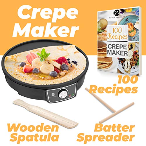 Crepe Maker Machine (Lifetime Warranty), Pancake Griddle – Nonstick 12” Electric Griddle – Pancake Maker, Batter Spreader, Wooden Spatula – Crepe Pan for Roti, Tortilla, Blintzes – Portable, Compact, Easy Clean