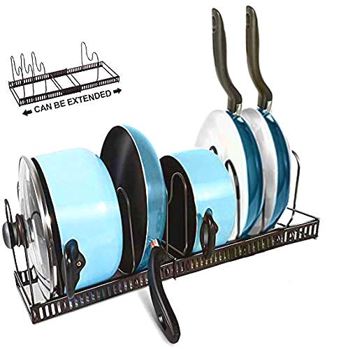 Adjustable Pan Organizer Kitchen Pot Rack for Cabinet and Drawer with 7 Dividers Pantry Pan and Pot Lid Organizer Rack Holder for different sizes of Plates Cutting Boards Pans Pots