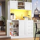 muenfly Armario buffet con iluminación LED, 4 puertas y 2 cajones, estante para aperitivos, 120 x 40 x 188 cm, mueble de cocina de MDF, encimera, diseño blanco