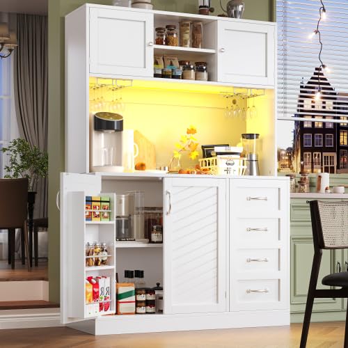 vutizal Szafka bufetowa z oświetleniem LED – 4 drzwi, 2 szuflady, regał na przekąski i szafka kuchenna z płyty MDF, 120 x 40 x 188 cm, biała konstrukcja z blatem roboczym
