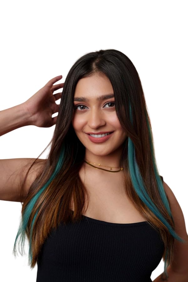 Clip-In Colored Hair Streaks – 100% Virgin Remy Human Hair Extensions for Temporary Highlight Accent Styling Strands | Teal Blush, 16 inch, Pack of 2-image-10