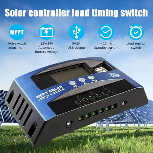 MPPT Solarladeregler, 12V/24V 100A Intelligenter Batterieladegerät Solarladeregler mit USB-LCD-Display, Dualer USB-Anschluss Negative Masse Controller Auto-Parameter Einstellbar mit LCD-Anzeige