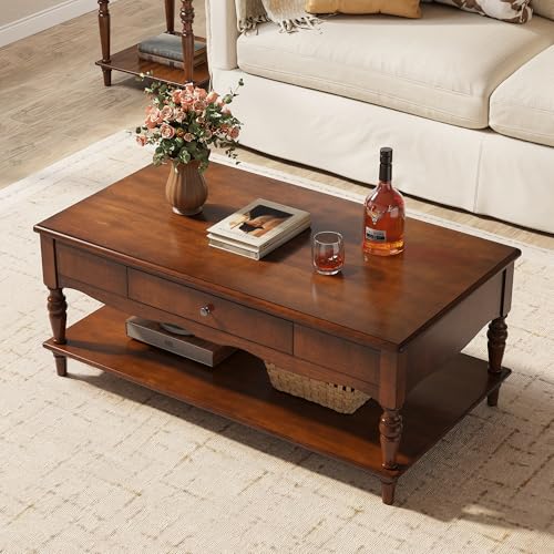 Solid Wood Coffee Table with Drawers & Storage Shelf, Vintage Rectangle Center Table with 2 Drawers in Cherry Brown, Apartment Cocktail Table with Turned Legs for Living Room, 43.3 * 23.6 * 17.7in
