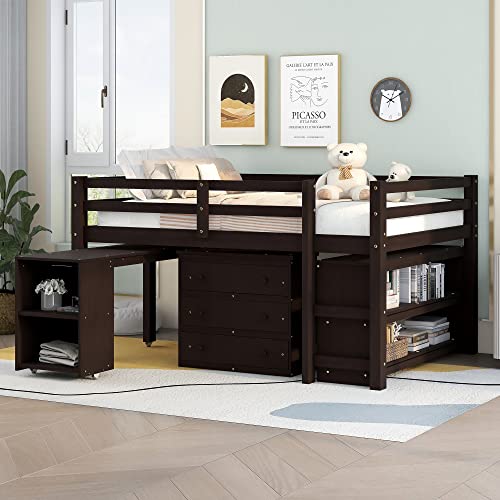 P PURLOVE Full Loft Bed with Cabinet Rolling Portable Desk Bookshelf, Low Study Loft Bed Frame, No Box Spring Needed (Espresso)