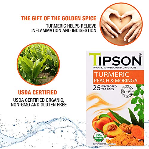Tipson Organic Turmeric Caffeine Free Herbal Tea - Organic Moringa And Peach Flavor - 25 Foil Enveloped Double Chambered Bags - Keto/Paleo - Basilur #TOP1
