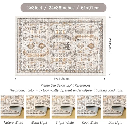 Madane Washable Area Rug 2x3, Small Entryway Rug Non-Slip Vintage Door Mat Indoor Entrance, Low Pile Floor Carpet for Inside Front Door Bedroom Kitchen Entry Laundry (2'x3', Brown/Gold)